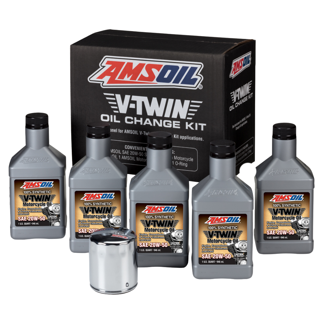 Amsoil Kit de Cambio de Aceite Sintético AMSOIL 20W-50 V-Twin - 5 Cuartos con Filtro Cromado 1 Paquete
